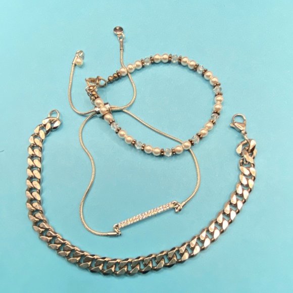 Silver Tone Bracelets Lot Of 3 Chain Slider Faux Beads - Picture 4 of 8